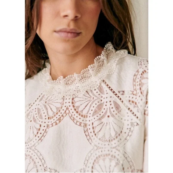 SEZANE White Lace Openwork High
Neck Eyelet Ruffle Button Back Bacall Blouse Top - Picture 11 of 17